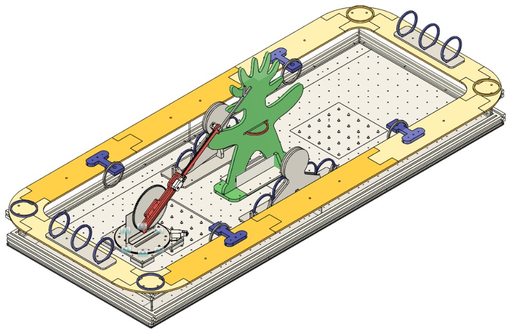 Render of the robot stowed on the competition field beside the Sun God statue